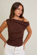 Asymmetrical Off Shoulder Drape Knit Sweater Top LE LIS