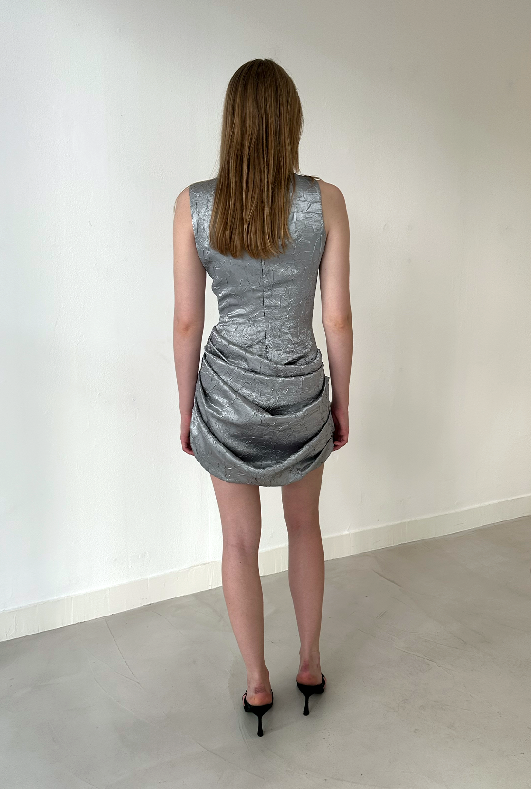 Tulip Silver Crinkled Satin Mini Dress