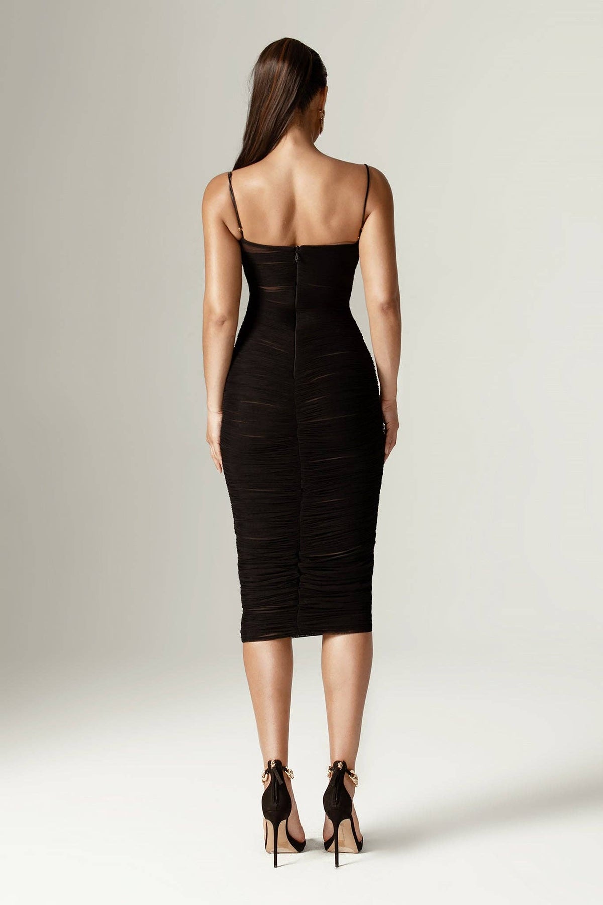 Justina Ruched Mesh Midi Dress