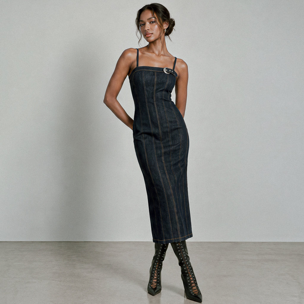 Denim Buckle Midi Dress