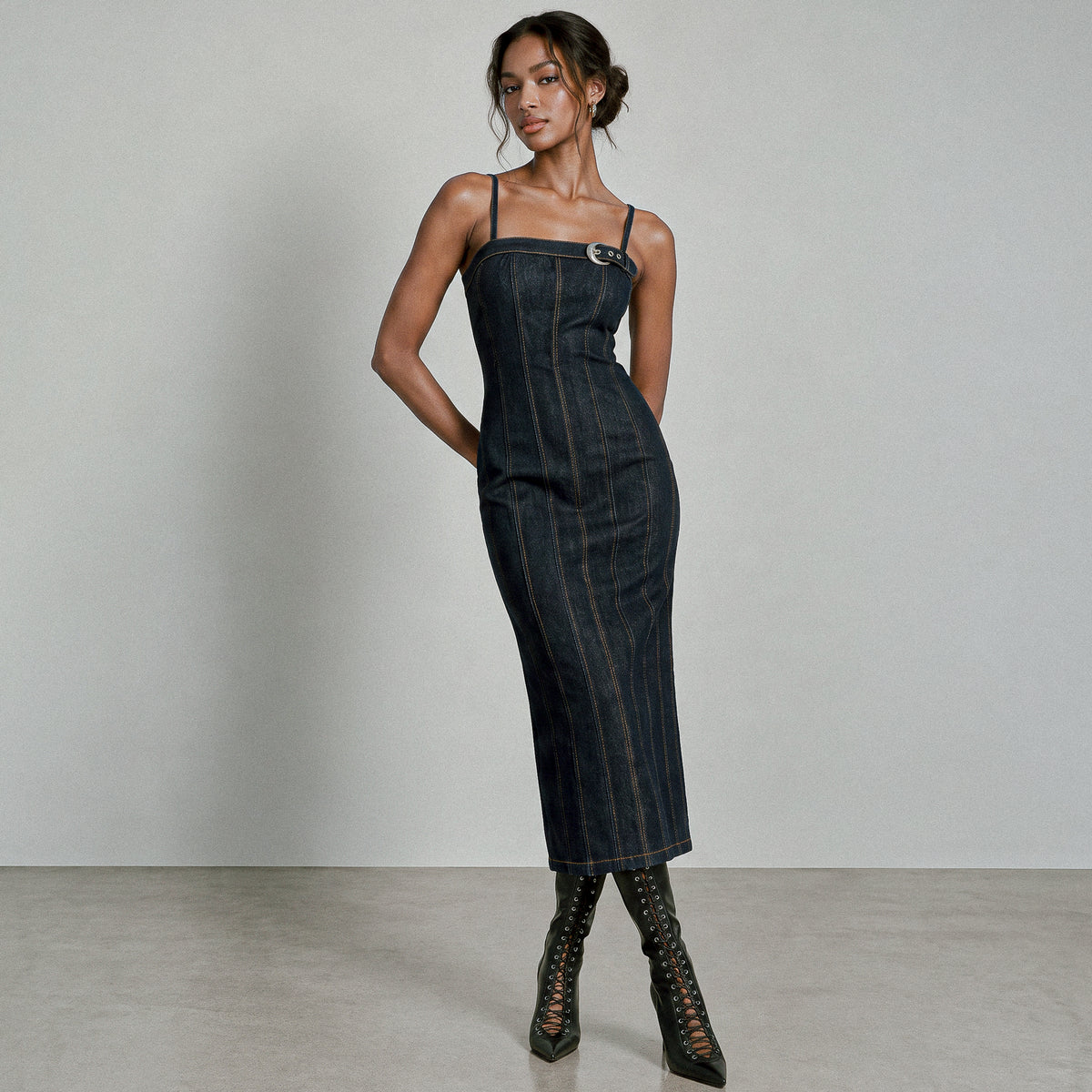 Denim Buckle Midi Dress