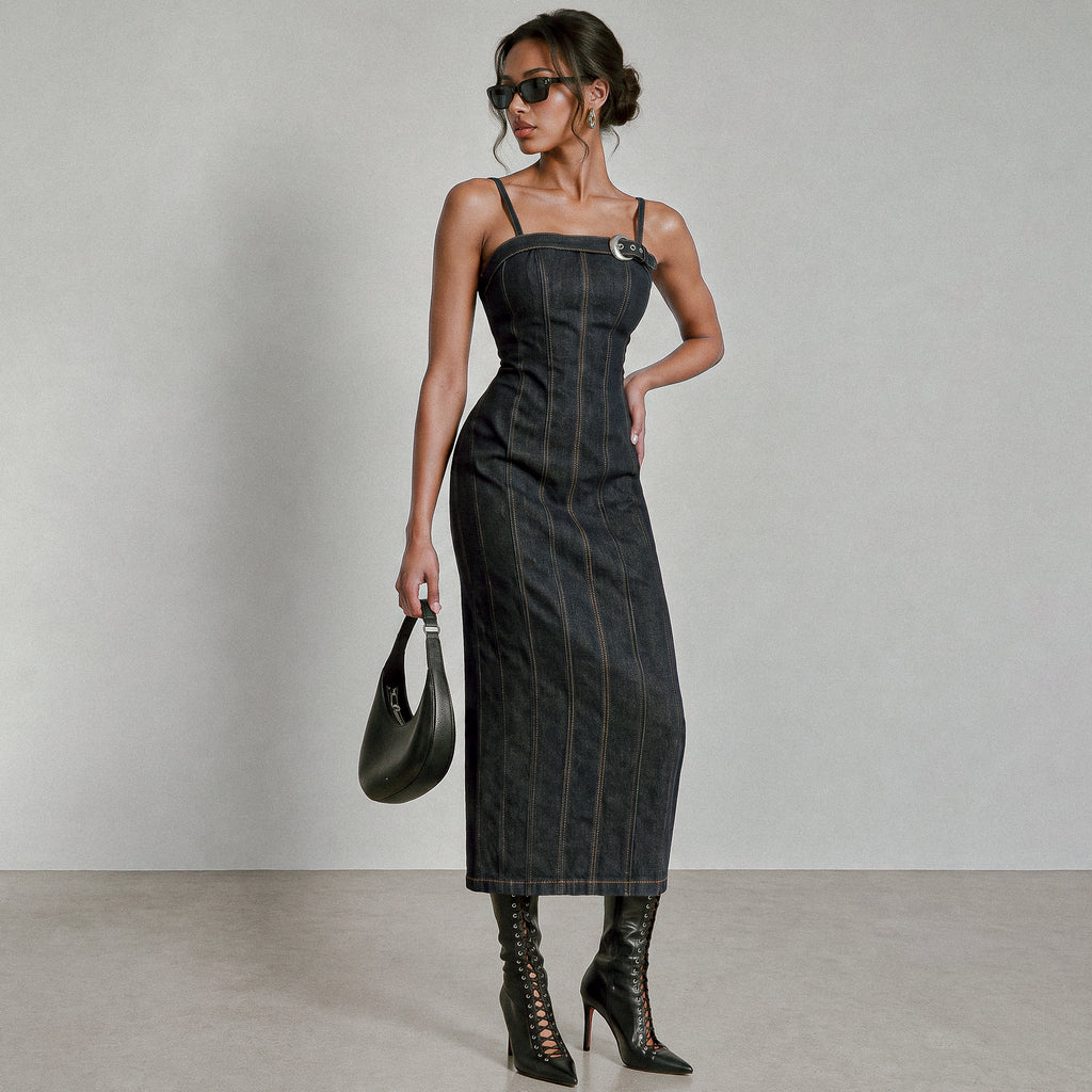 Denim Buckle Midi Dress