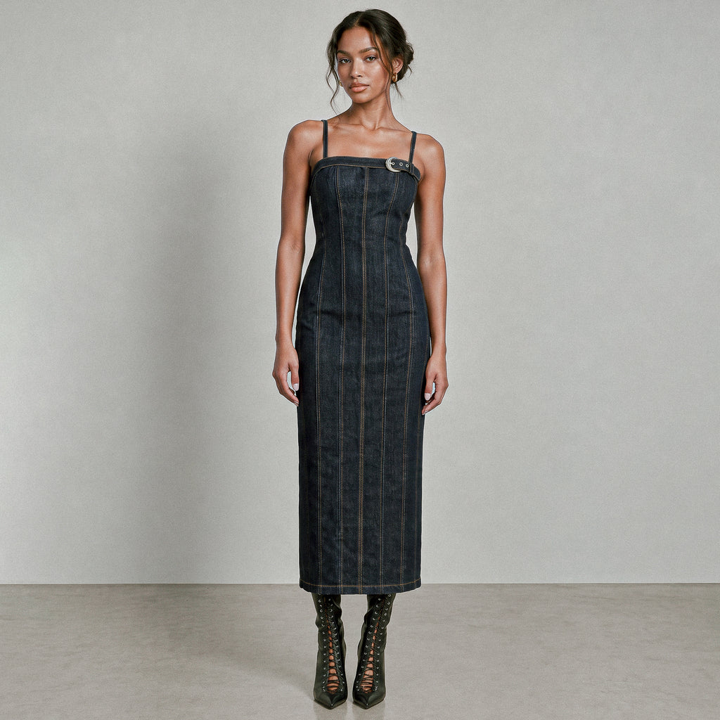 Denim Buckle Midi Dress