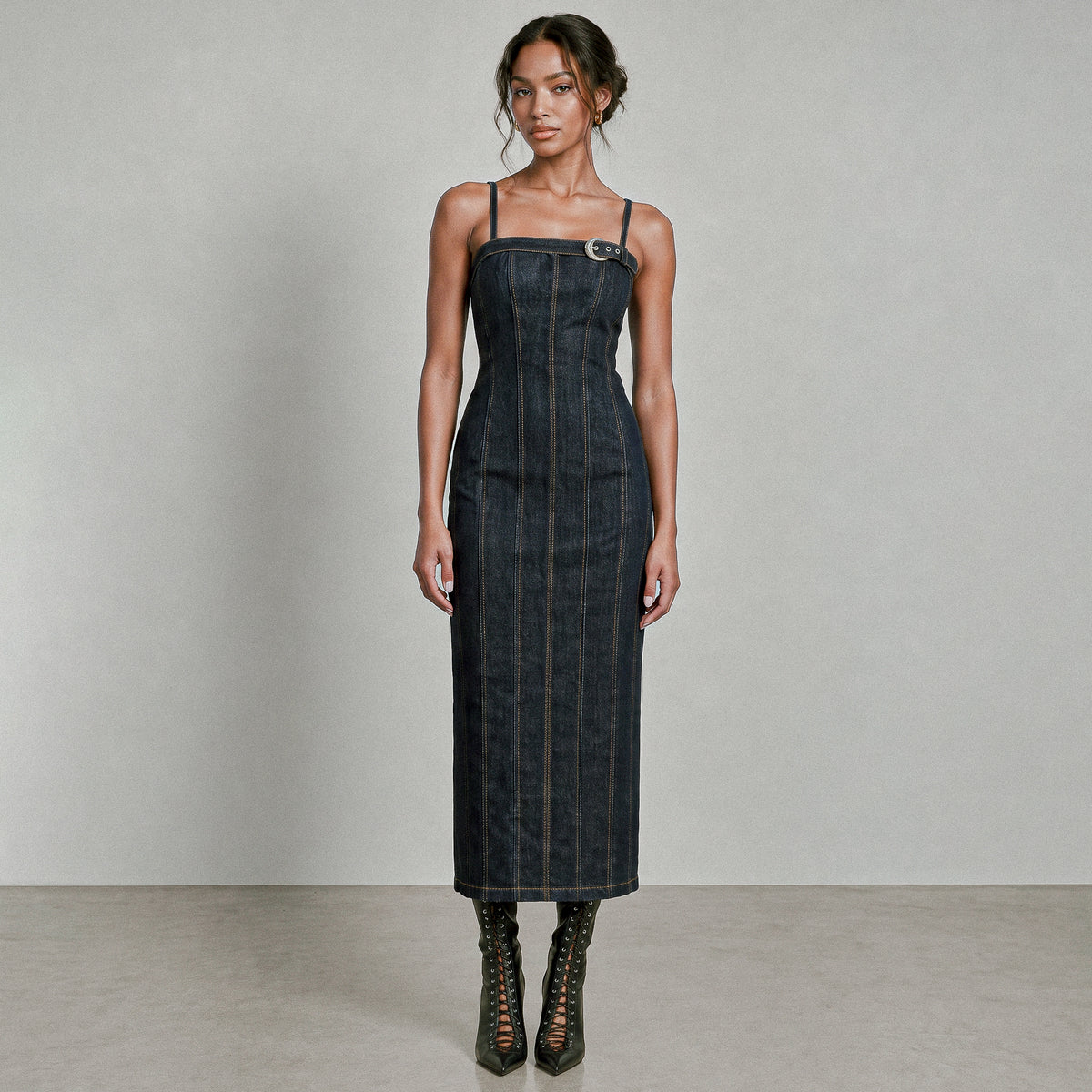 Denim Buckle Midi Dress