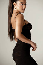 Justina Ruched Mesh Midi Dress