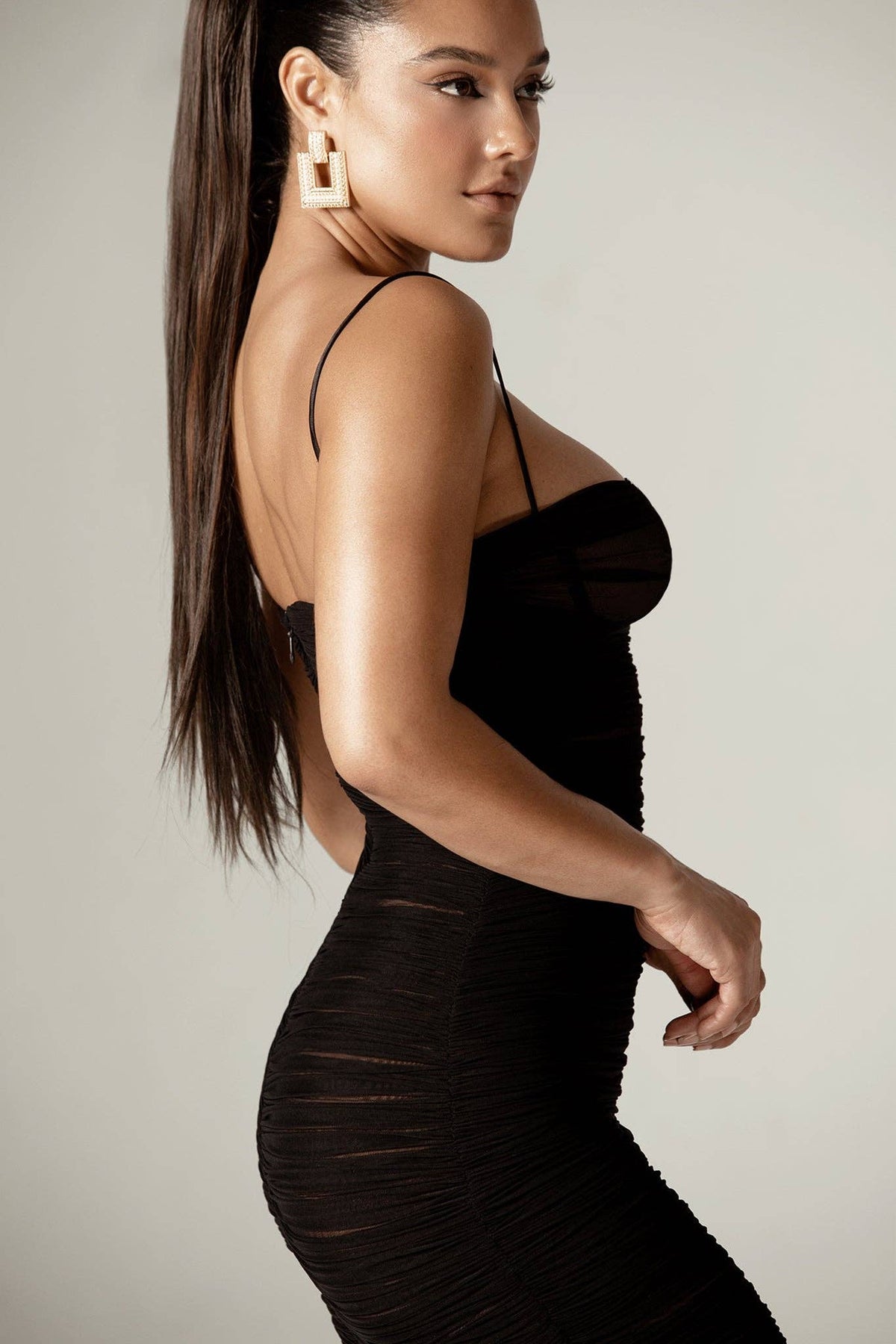 Justina Ruched Mesh Midi Dress