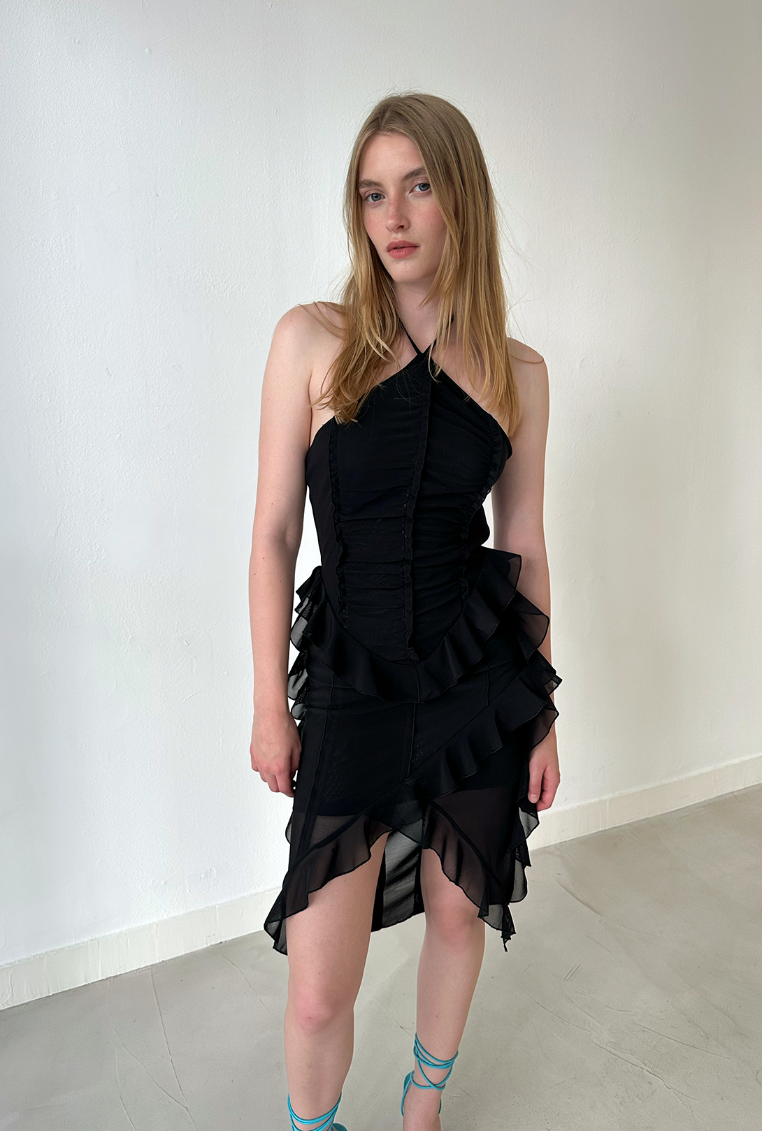 Ria Ruffle Mesh Midi Dress