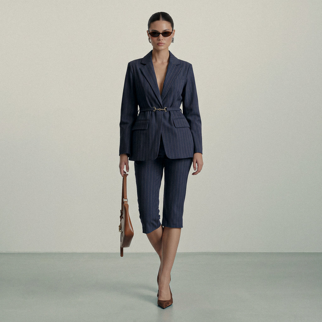 Pinstripe Belted Blazer