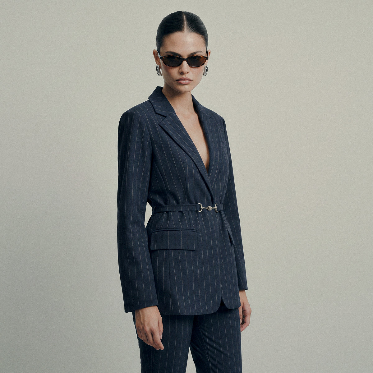 Pinstripe Belted Blazer