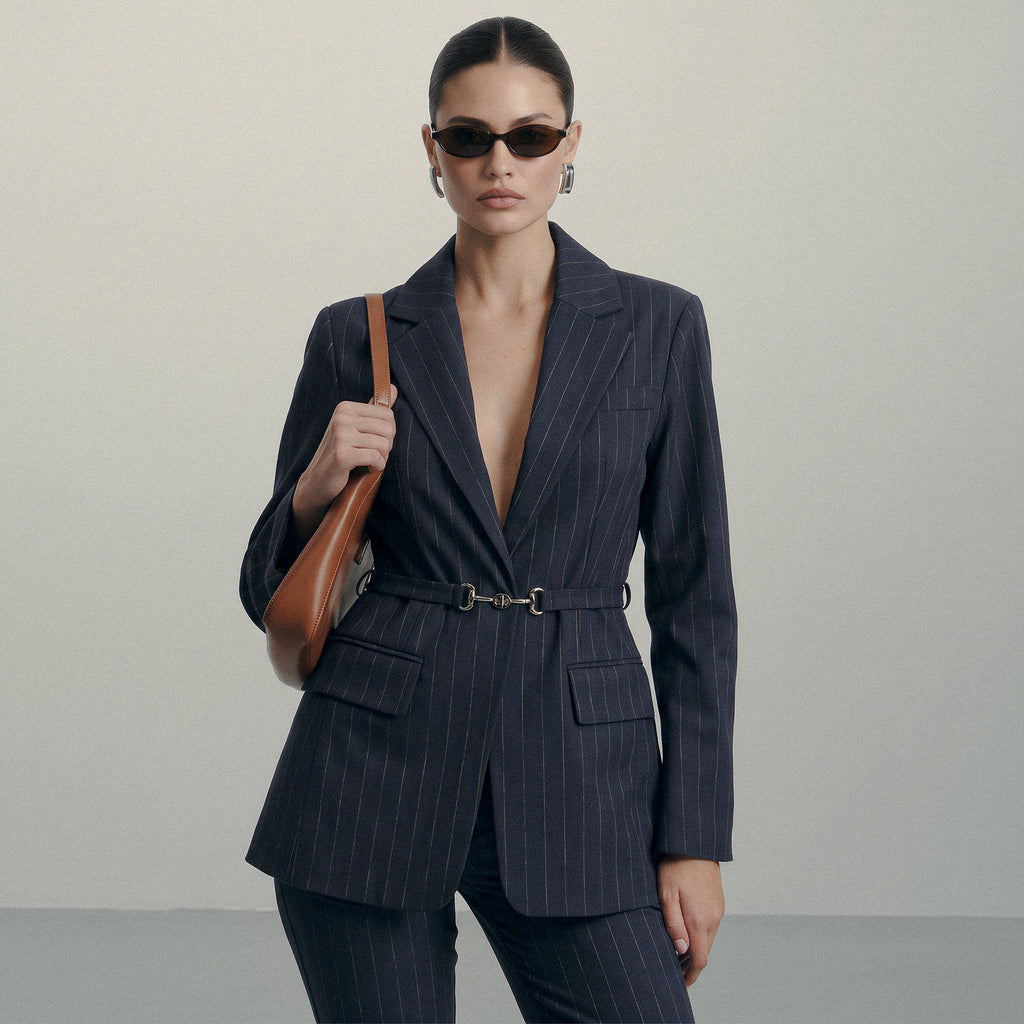 Pinstripe Belted Blazer