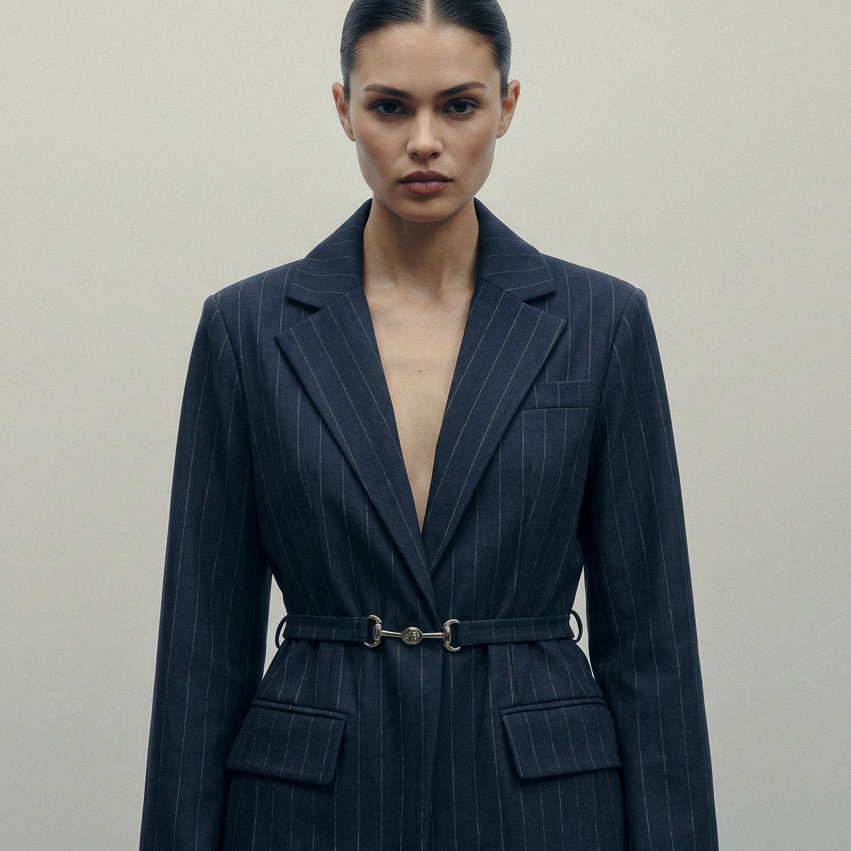 Pinstripe Belted Blazer