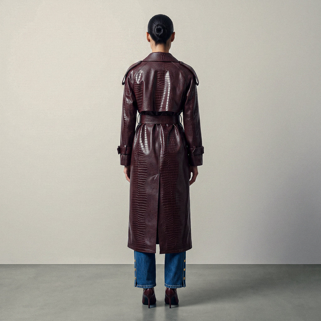 Croc-Embossed Maxi Trench Coat