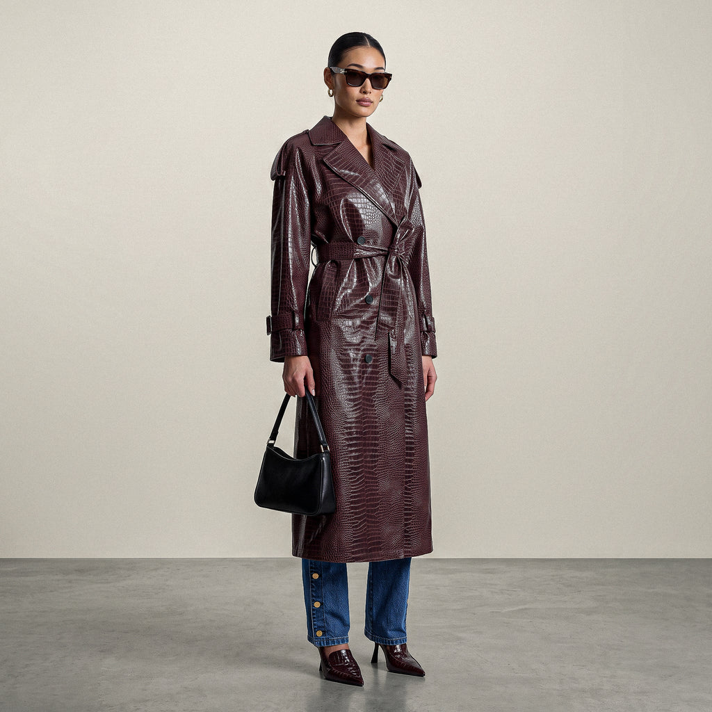 Croc-Embossed Maxi Trench Coat