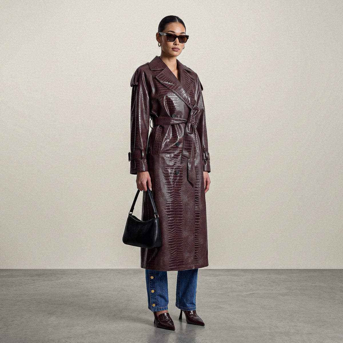 Croc-Embossed Maxi Trench Coat