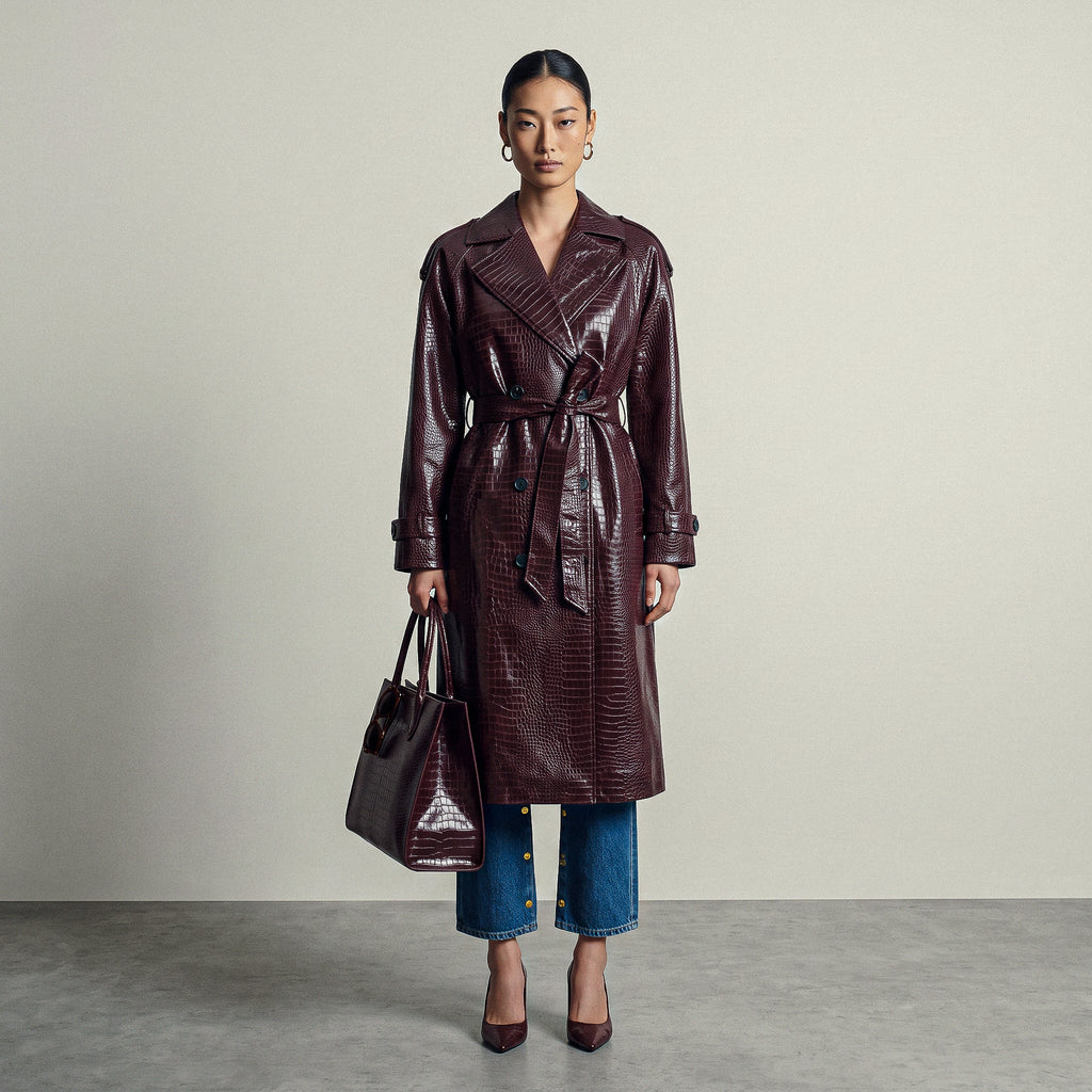 Croc-Embossed Maxi Trench Coat