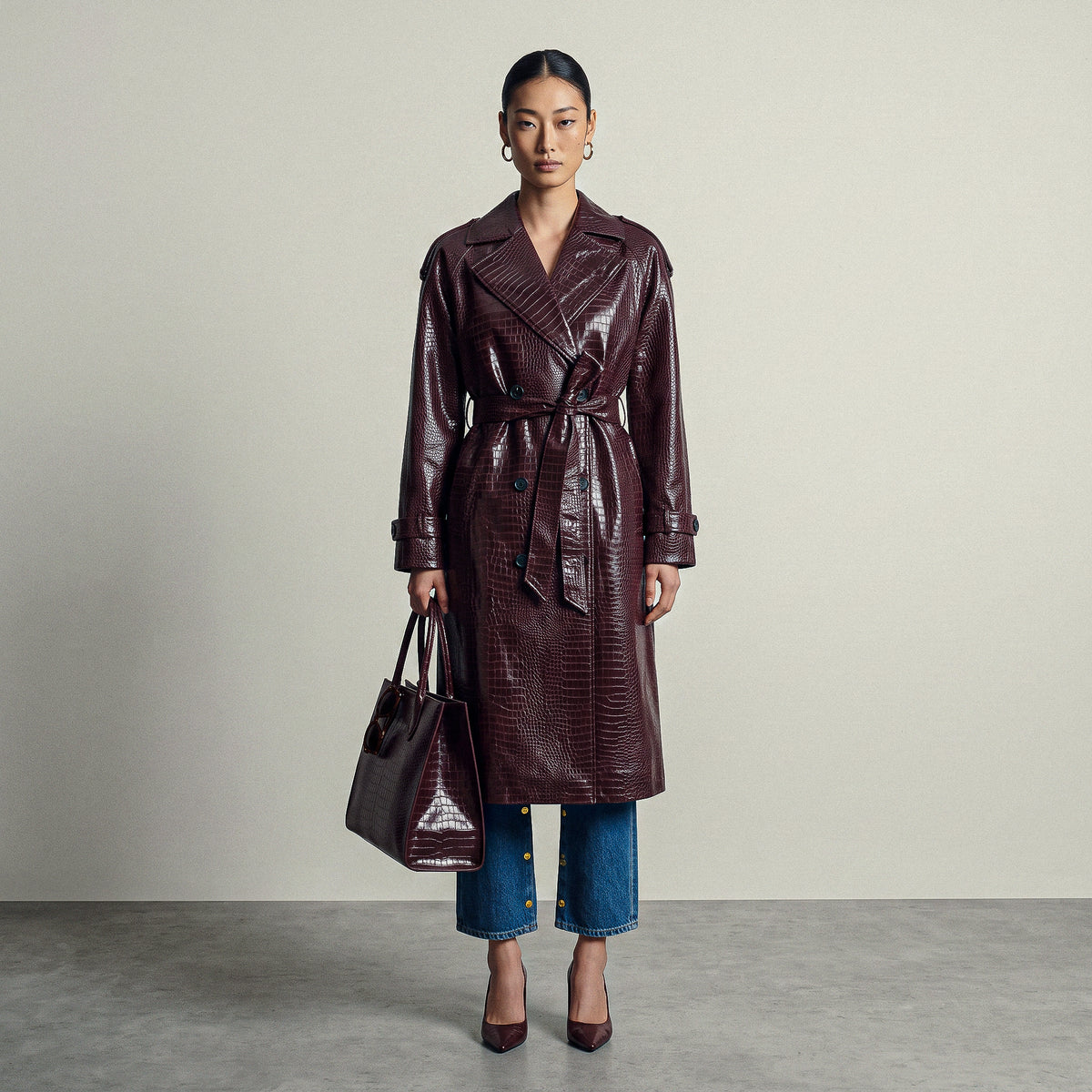 Croc-Embossed Maxi Trench Coat