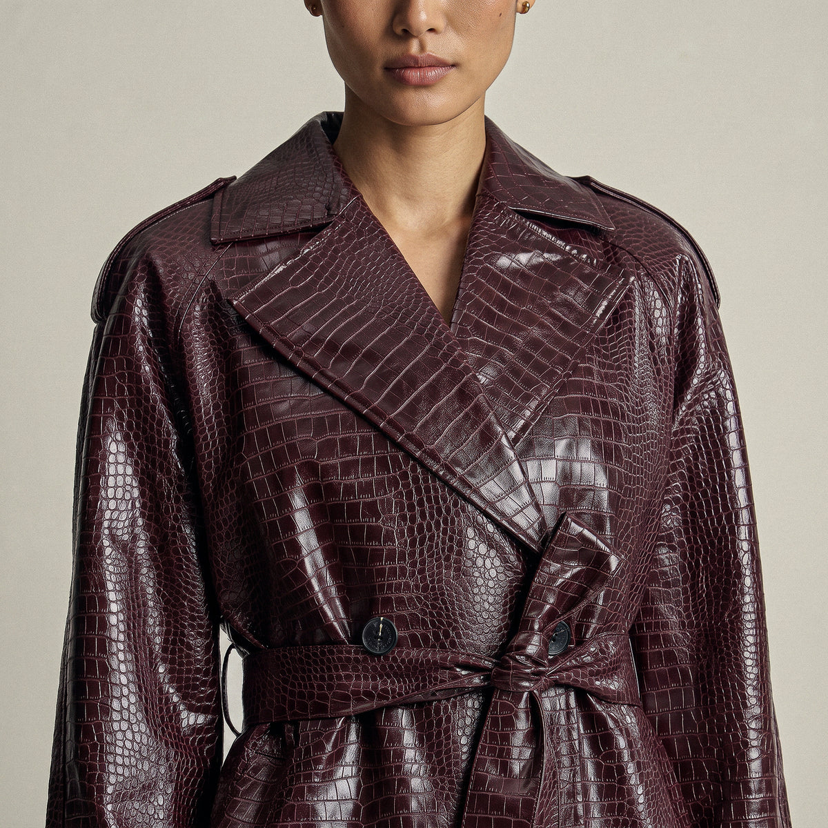 Croc-Embossed Maxi Trench Coat